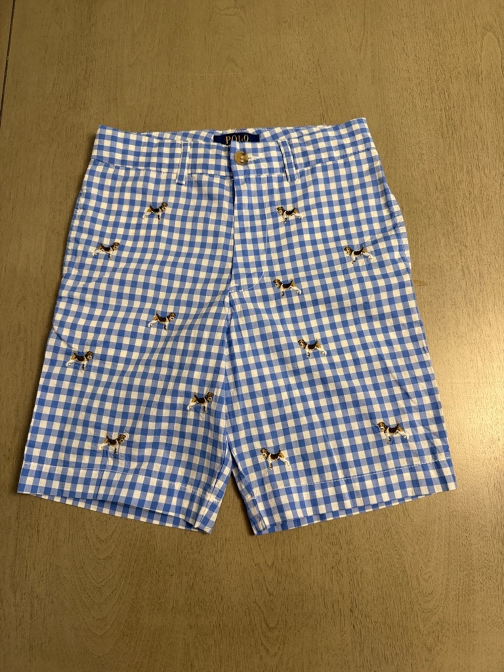 Polo by Ralph Lauren Blue & White Gingham Embroidered Dog Boys Shorts, size 8.